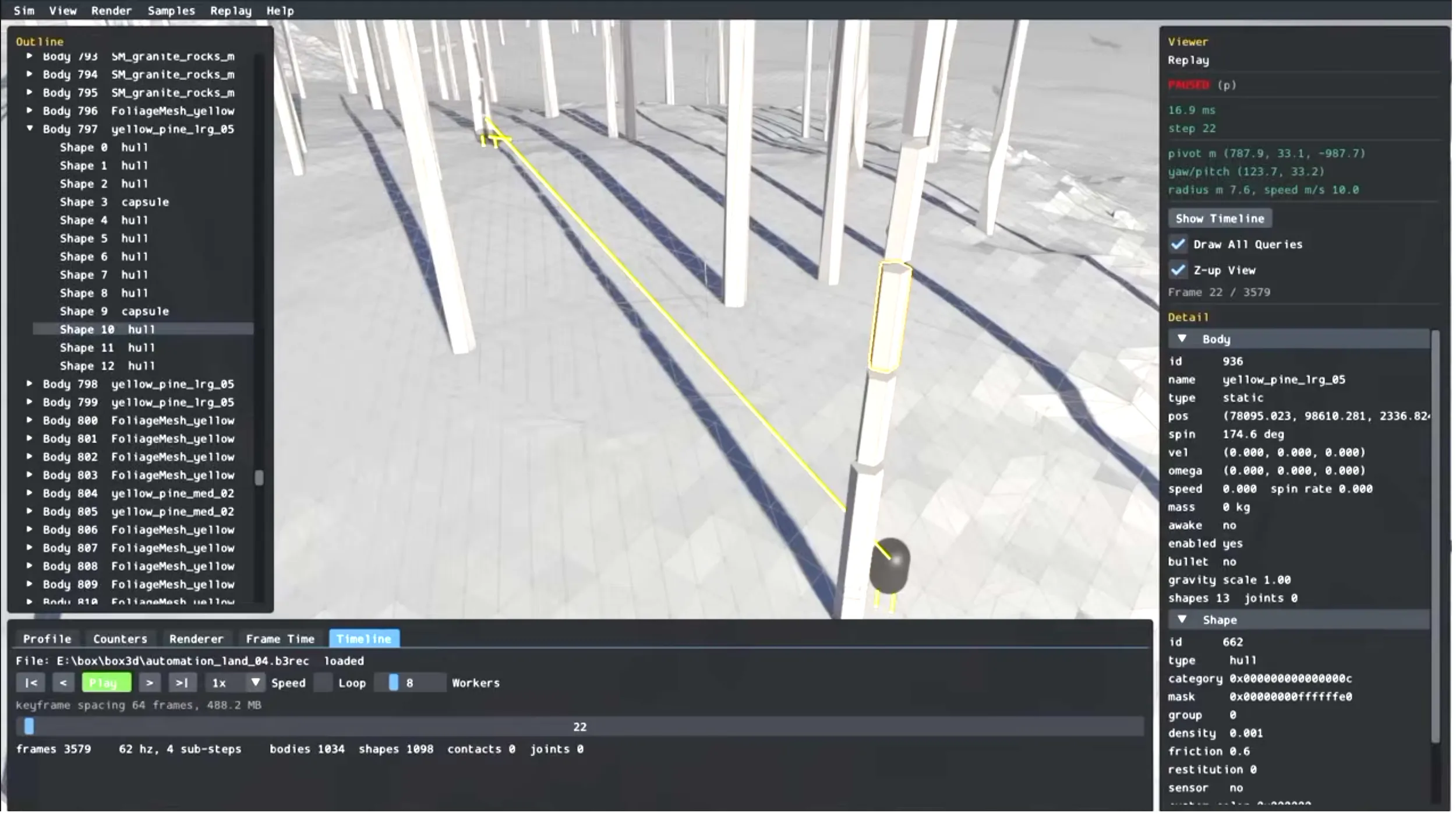 The Box3D physics debugger, showing collision hulls around felled redwood trunks.